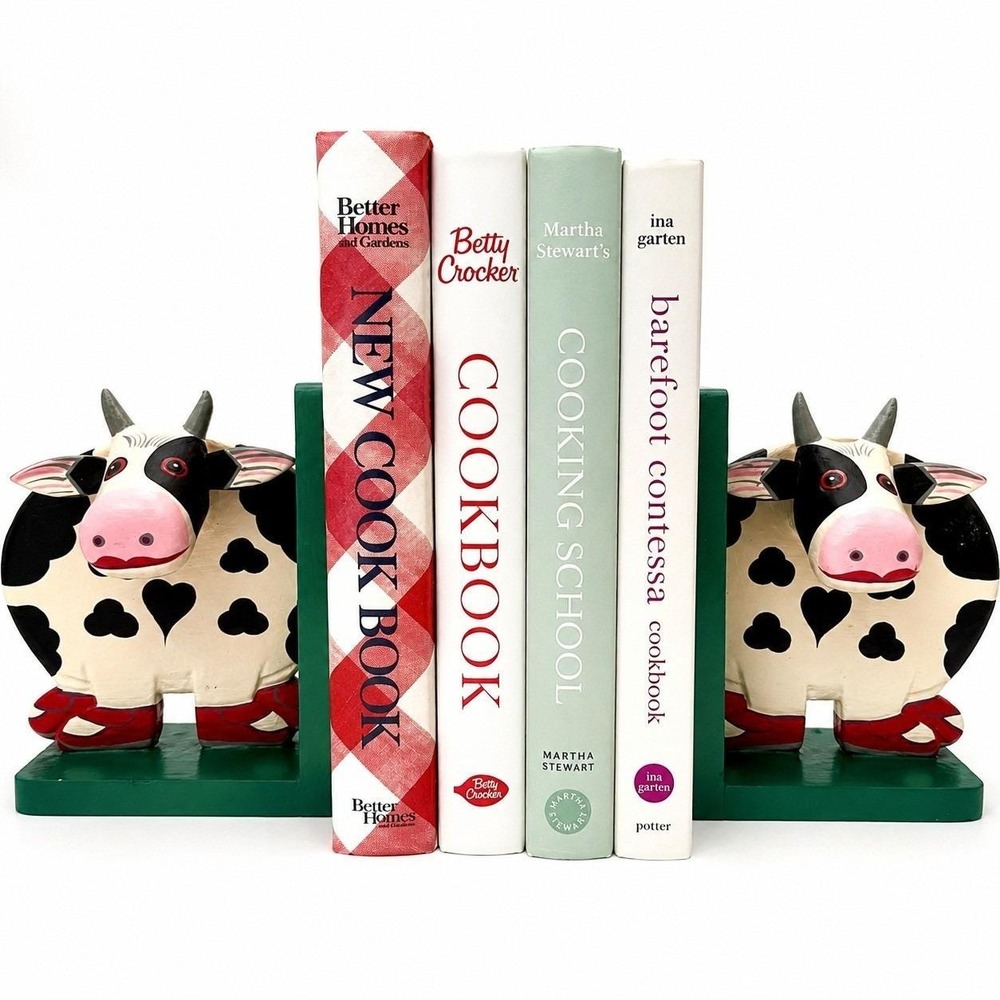 Vintage Folk Art Cow Bookends Handpainted Wood Lady Cows Pair Cottage Kitchen
